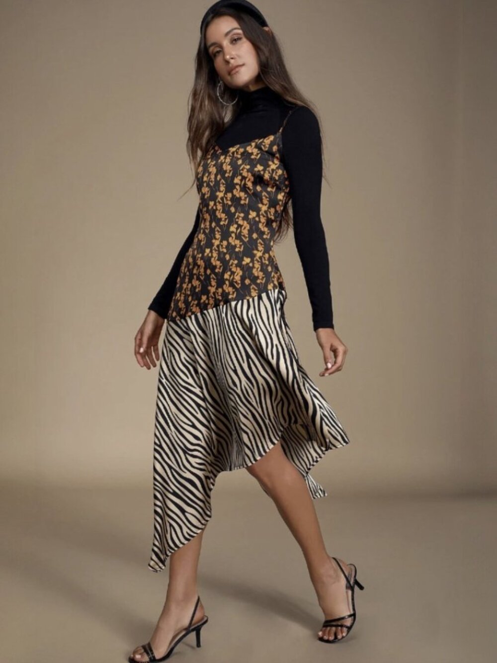 Lulus Gold Mine Black Multi Print Satin Asymmetrical Midi Dress NWT - Picture 3 of 10